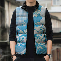 Blue Palaka Hawaiian And Japanese Sleeveless Puffer Jacket Maneki Neko And Sakura Bloom DT05 - Polynesian Pride