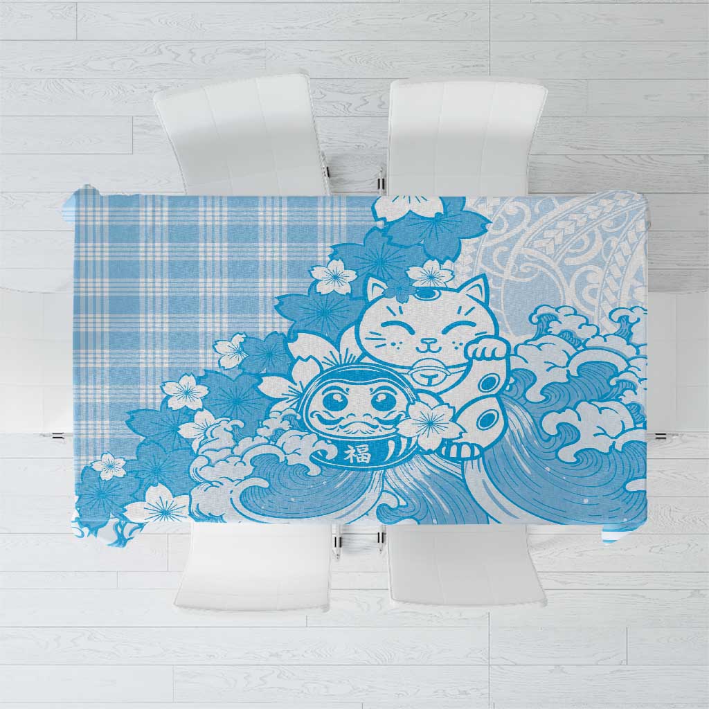 Blue Palaka Hawaiian And Japanese Tablecloth Maneki Neko And Sakura Bloom DT05 Blue - Polynesian Pride