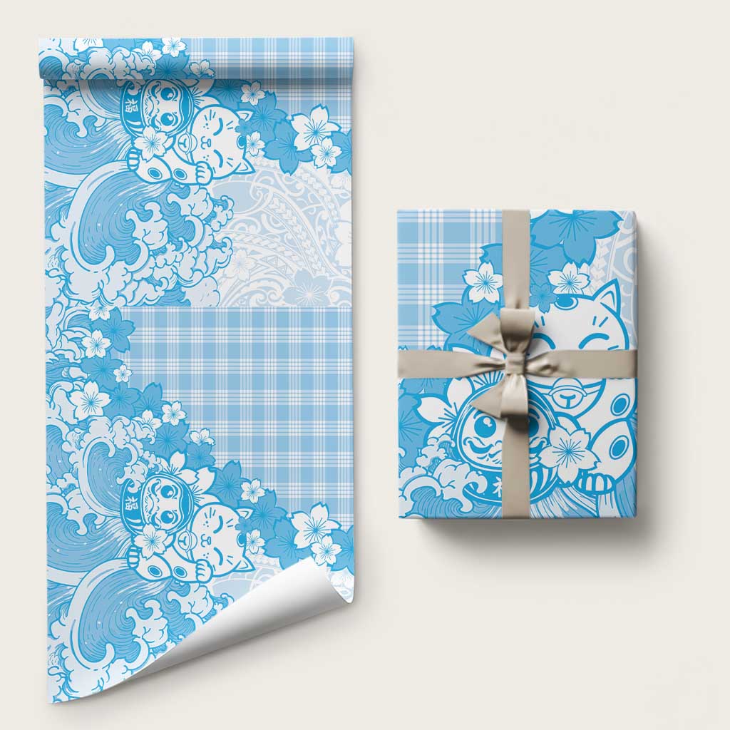 Blue Palaka Hawaiian And Japanese Wrapping Paper Maneki Neko And Sakura Bloom DT05 58" × 23" Blue - Polynesian Pride