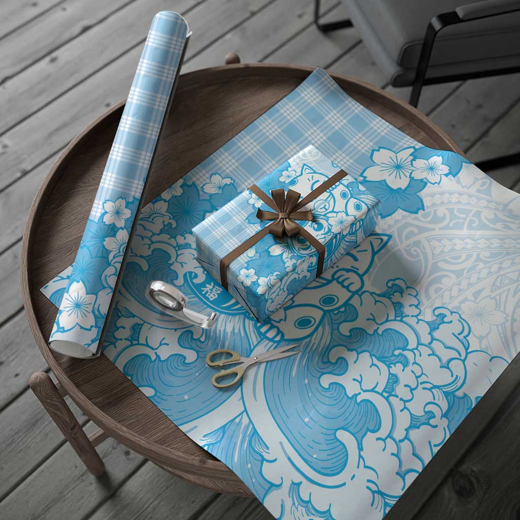 Blue Palaka Hawaiian And Japanese Wrapping Paper Maneki Neko And Sakura Bloom DT05 - Polynesian Pride