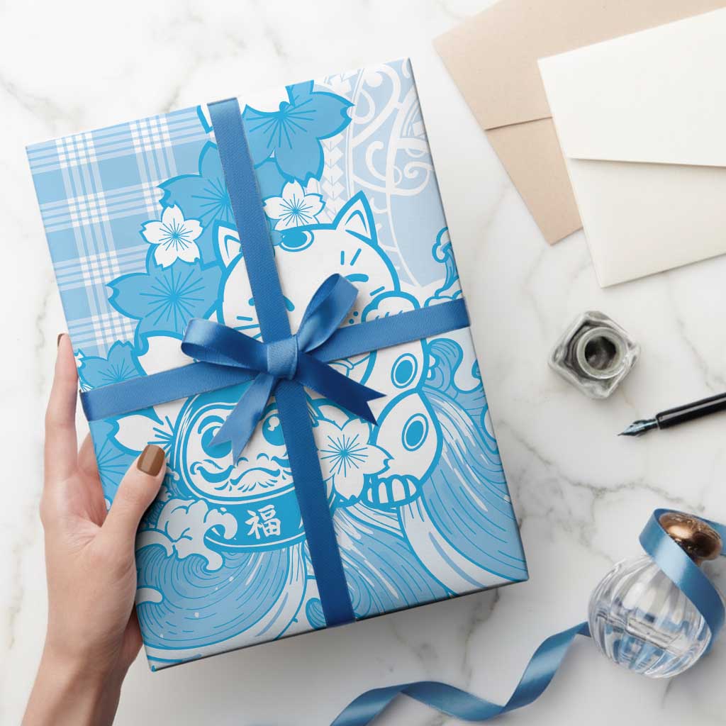 Blue Palaka Hawaiian And Japanese Wrapping Paper Maneki Neko And Sakura Bloom DT05 - Polynesian Pride