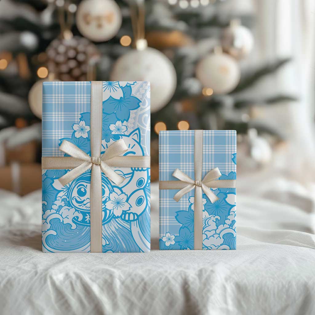 Blue Palaka Hawaiian And Japanese Wrapping Paper Maneki Neko And Sakura Bloom DT05 - Polynesian Pride