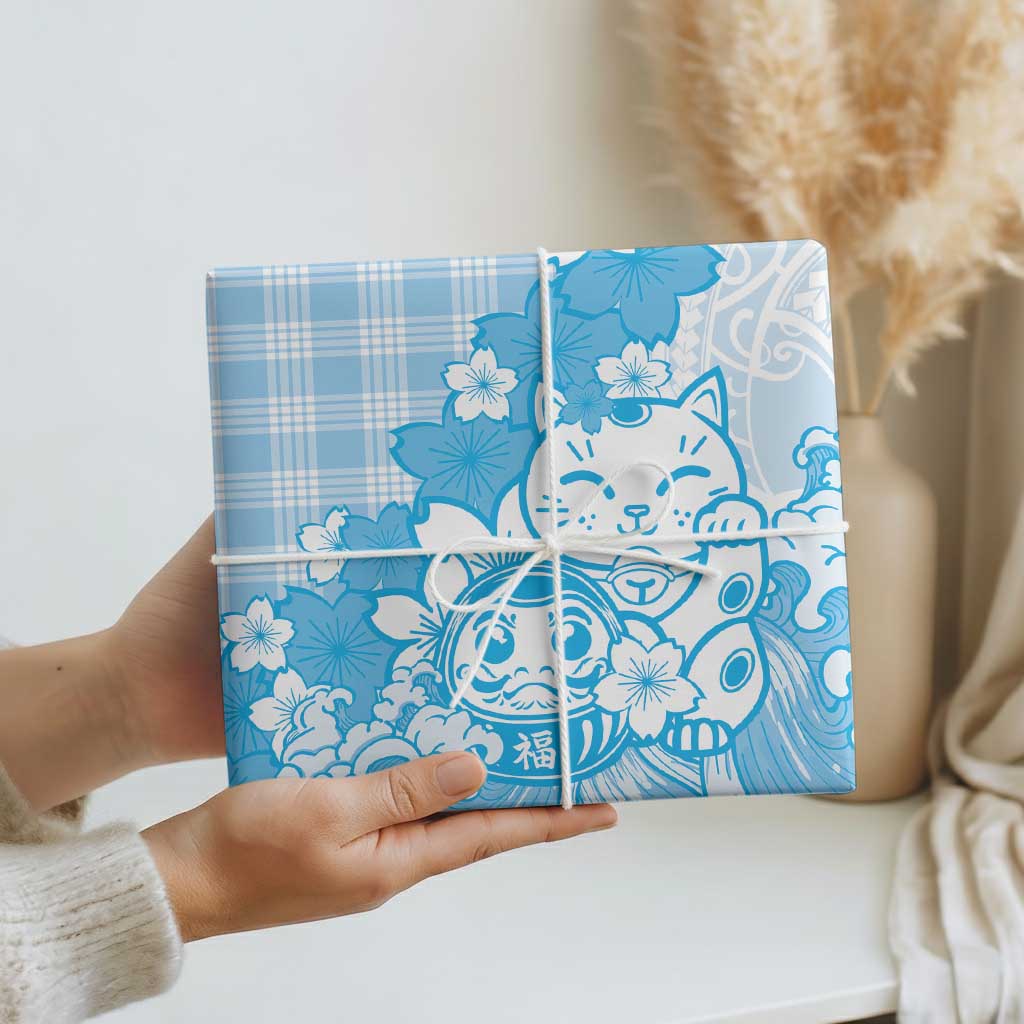 Blue Palaka Hawaiian And Japanese Wrapping Paper Maneki Neko And Sakura Bloom DT05 - Polynesian Pride
