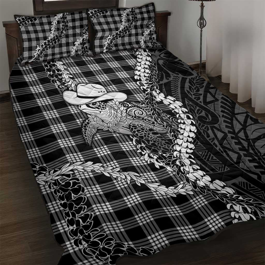Black Hawaii Palaka Cowboy Turtle Quilt Bed Set Hawaiian Paniolo Puakenikeni Maile Lei DT05 Black - Polynesian Pride