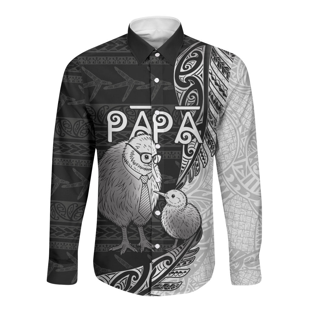 Personalised New Zealand Father's Day Long Sleeve Button Shirt Papa Kiwi Bird Tribal Pattern DT05 Unisex Black - Polynesian Pride