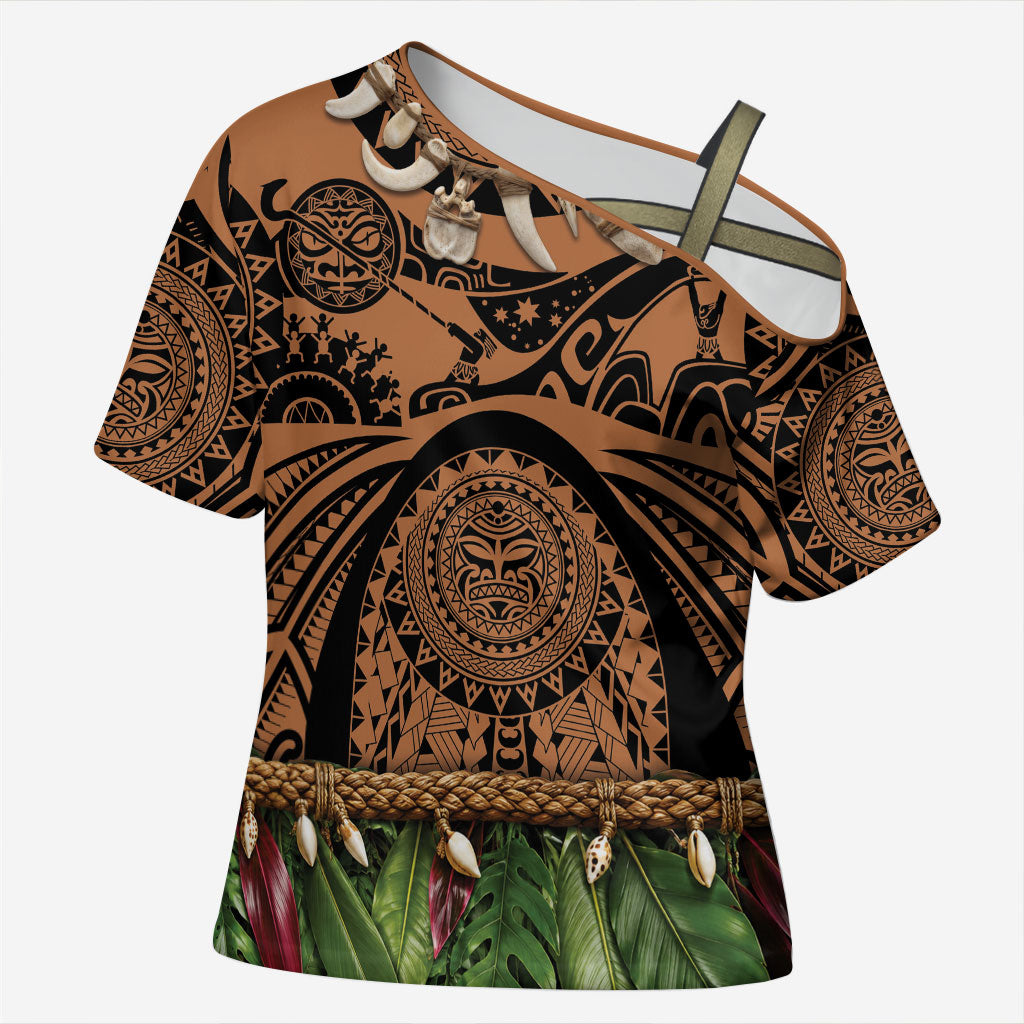 Polynesia Maui Tattoo Inspired Cross Shoulder Shirt Tropical Leaf Skirt Costume DT05 Female Beige - Polynesian Pride