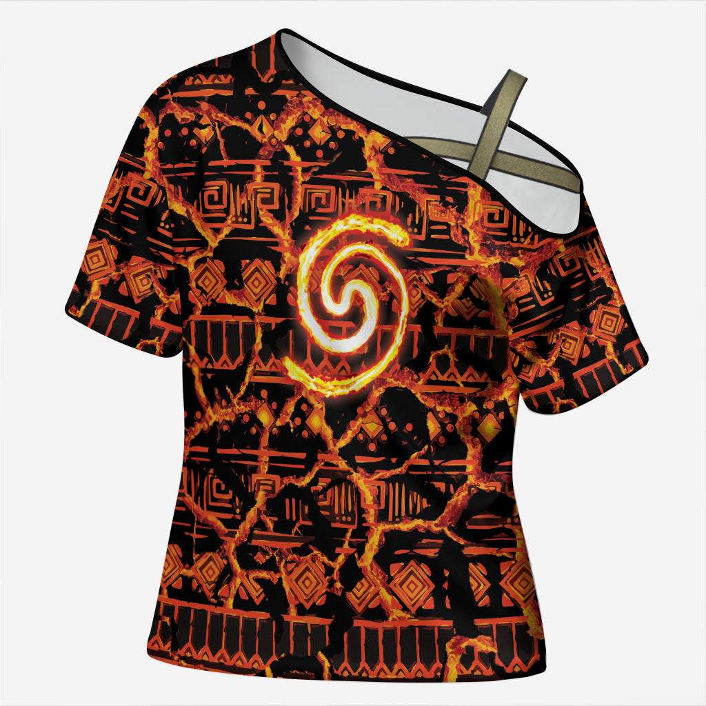 Polynesia Lava Monster Cosplay Cross Shoulder Shirt Fiery Glowing Volcano Crack Pattern DT05 Female Red - Polynesian Pride