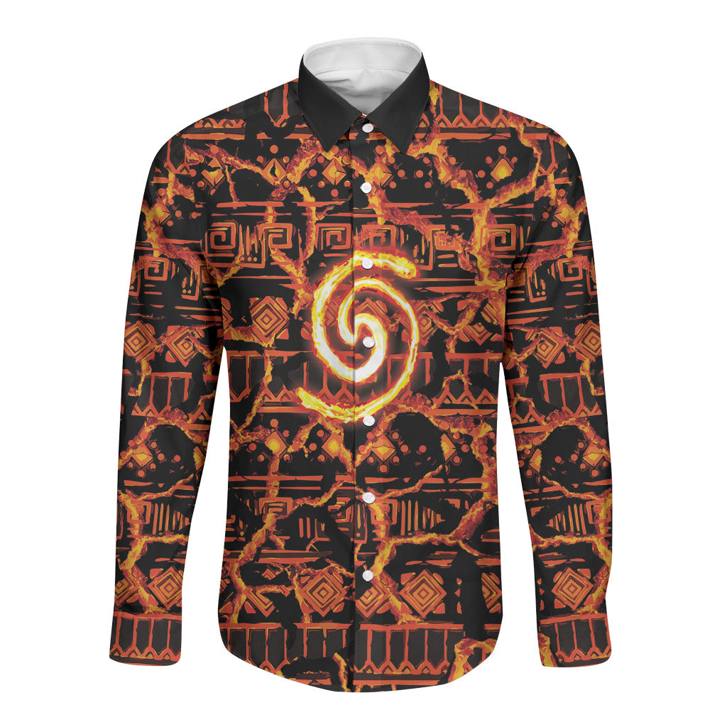 Polynesia Lava Monster Cosplay Long Sleeve Button Shirt Fiery Glowing Volcano Crack Pattern DT05 Unisex Red - Polynesian Pride