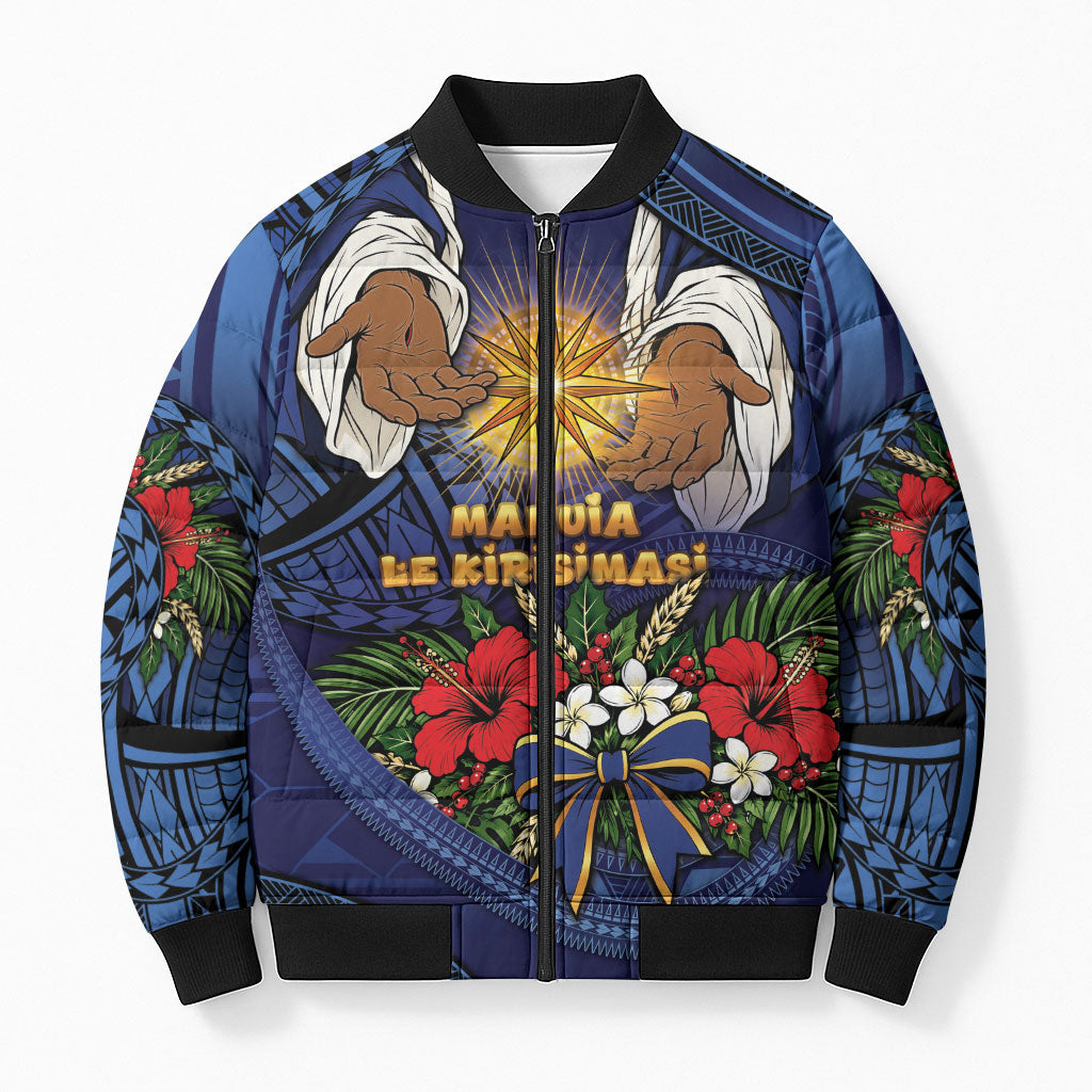 Samoa Manuia Le Kerisimasi Bomber Puffer Jacket Jesus Hands Bethlehem Star Hibiscus