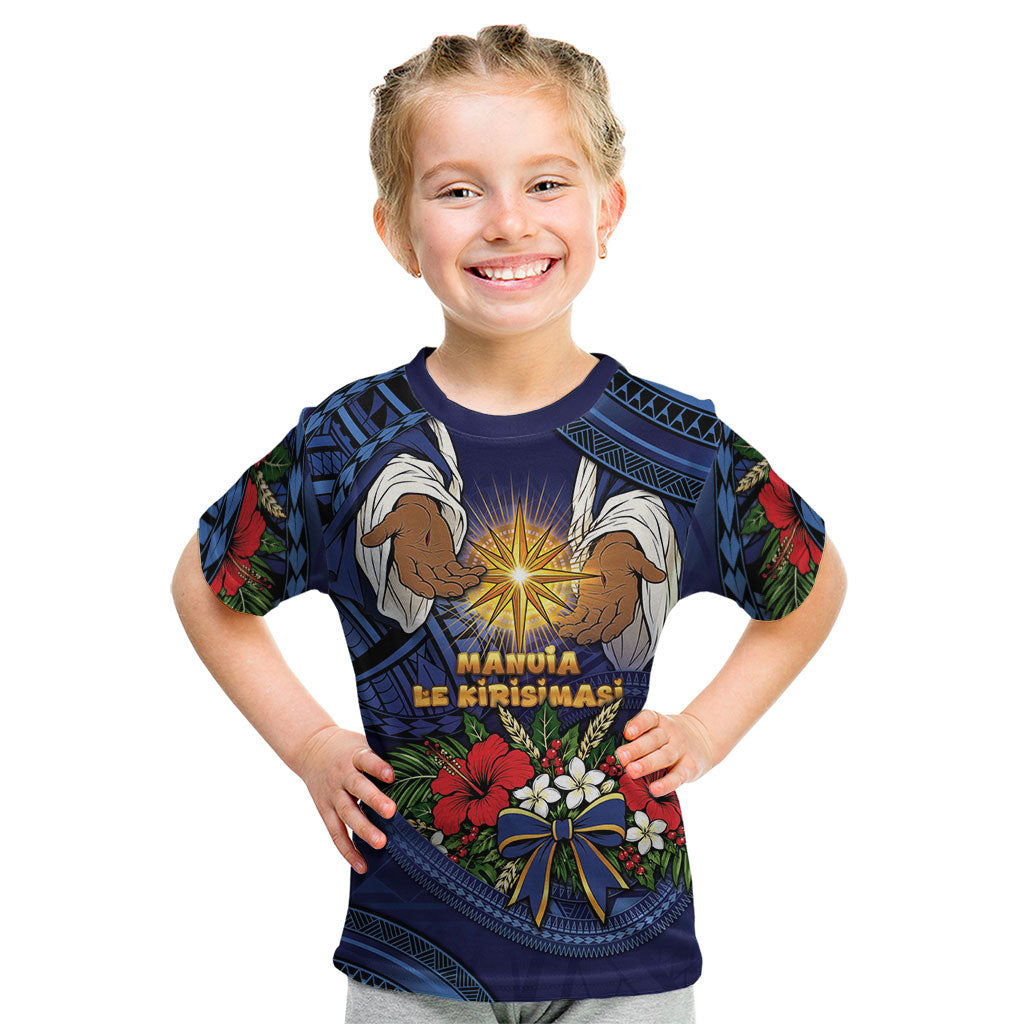Samoa Manuia Le Kerisimasi Kid T Shirt Jesus Hands Bethlehem Star Hibiscus DT05 Navy - Polynesian Pride