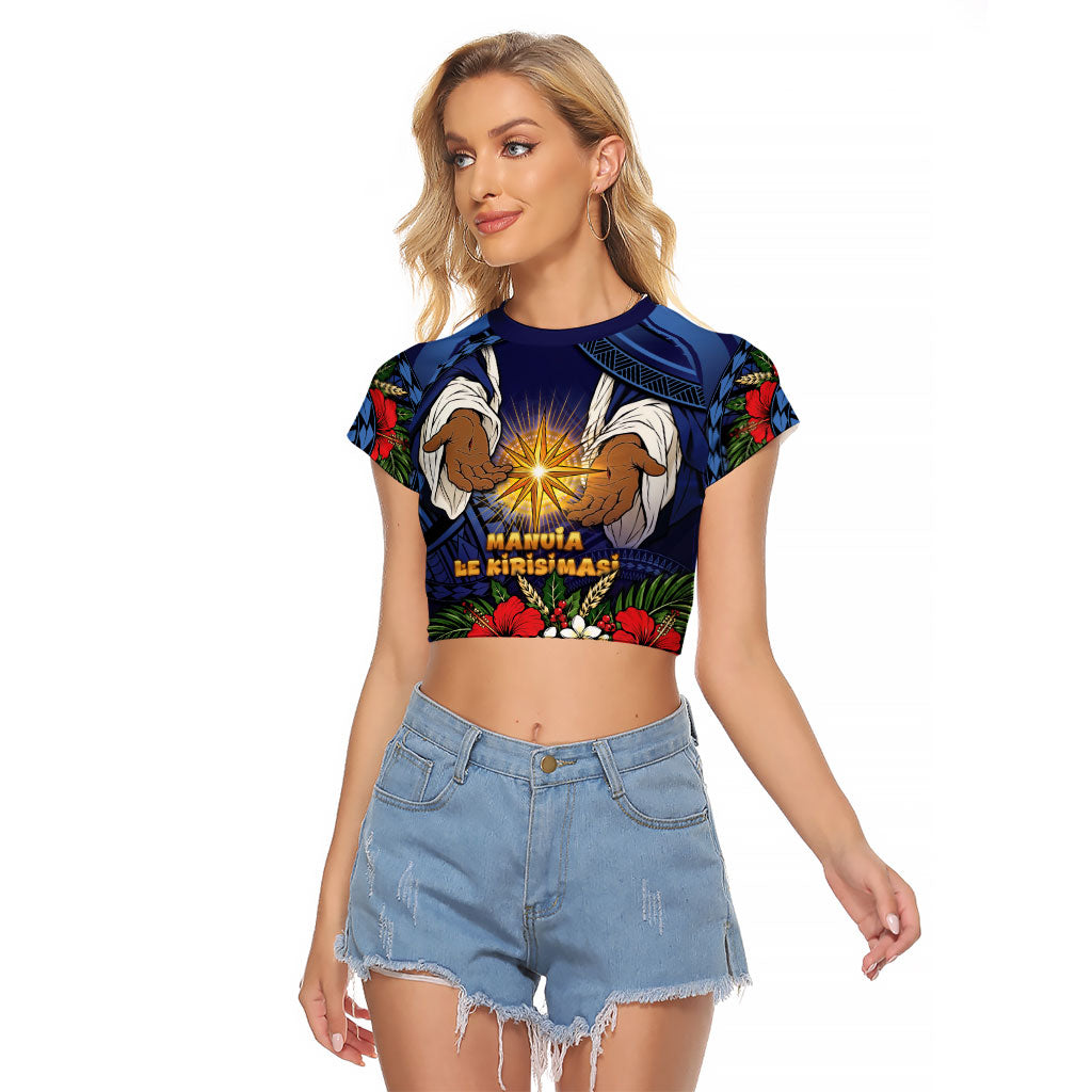 Samoa Manuia Le Kerisimasi Raglan Cropped T Shirt Jesus Hands Bethlehem Star Hibiscus DT05 Female Navy - Polynesian Pride
