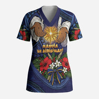Samoa Manuia Le Kerisimasi Scrub Top Jesus Hands Bethlehem Star Hibiscus DT05 Adult Navy - Polynesian Pride