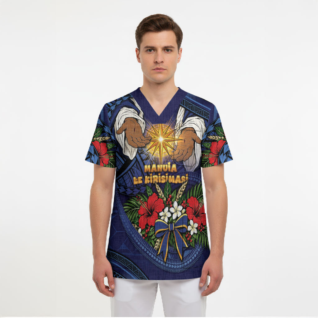 Samoa Manuia Le Kerisimasi Scrub Top Jesus Hands Bethlehem Star Hibiscus DT05 - Polynesian Pride