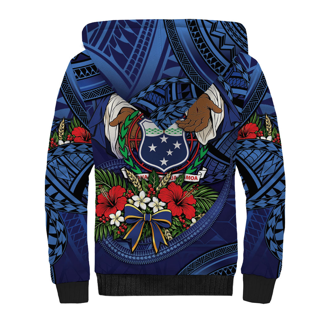 Samoa Manuia Le Kerisimasi Sherpa Hoodie Jesus Hands Bethlehem Star Hibiscus DT05 - Polynesian Pride
