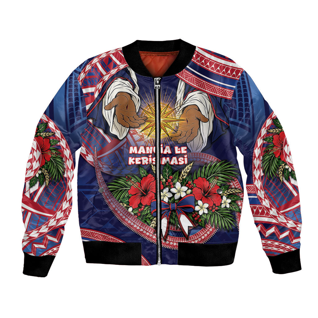 American Samoa Manuia Le Kerisimasi Bomber Jacket Jesus Hands Bethlehem Star Hibiscus DT05 Unisex Navy - Polynesian Pride