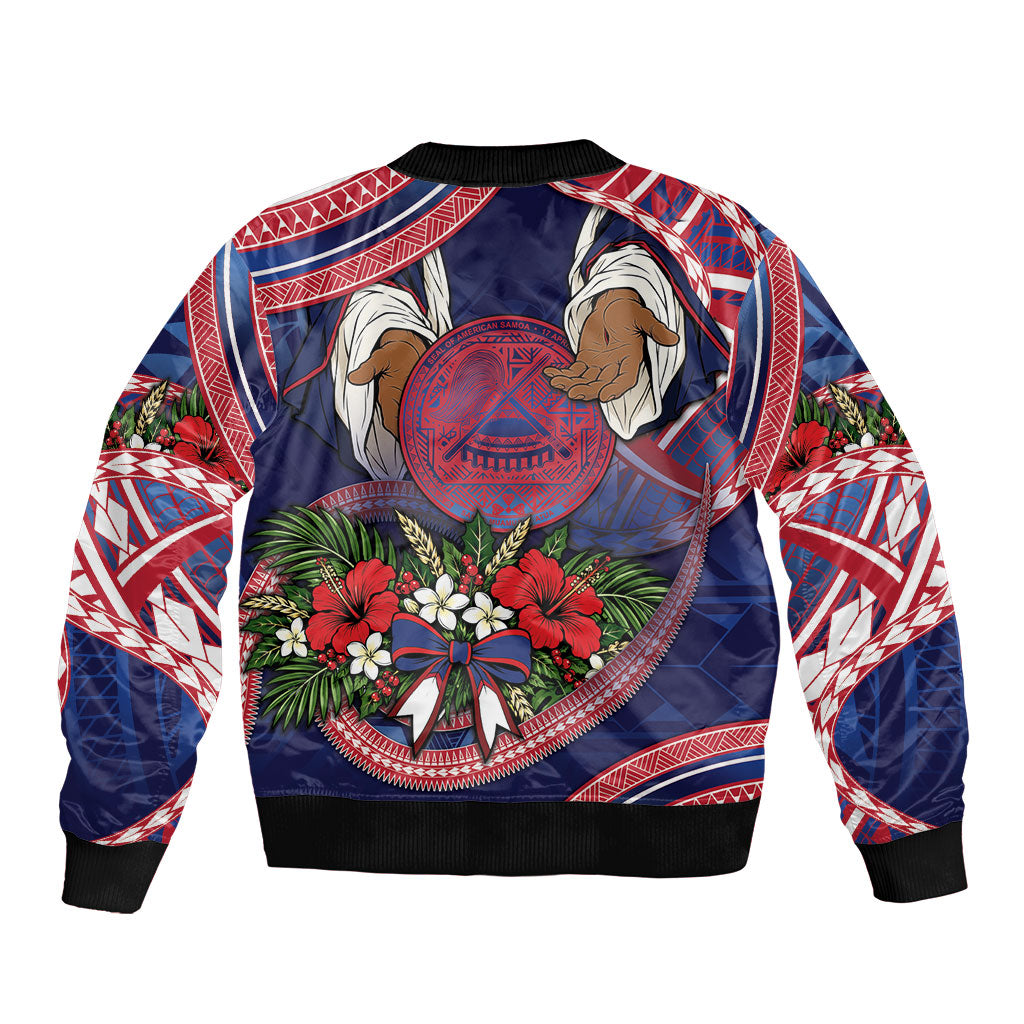 American Samoa Manuia Le Kerisimasi Bomber Jacket Jesus Hands Bethlehem Star Hibiscus DT05 - Polynesian Pride