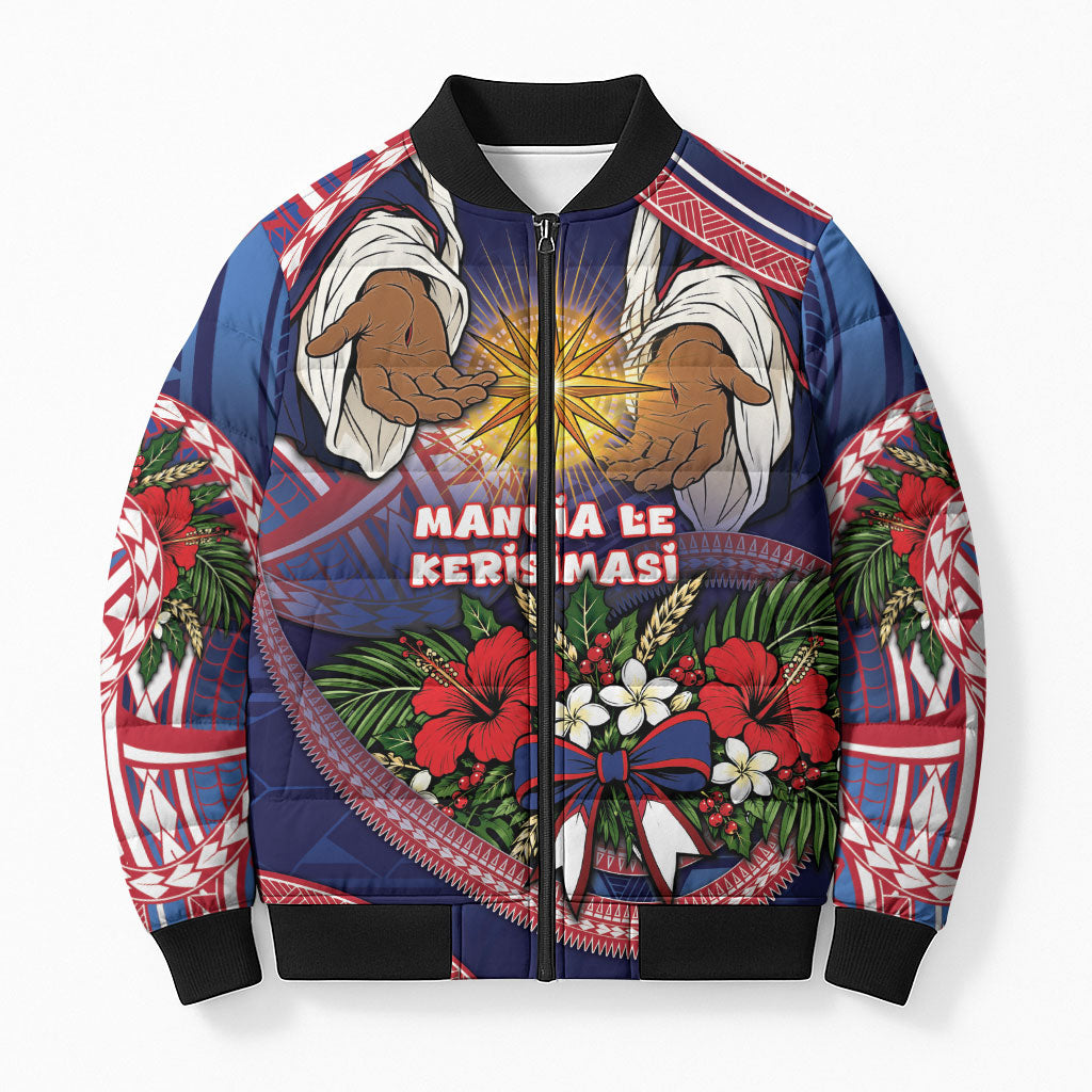 American Samoa Manuia Le Kerisimasi Bomber Puffer Jacket Jesus Hands Bethlehem Star Hibiscus