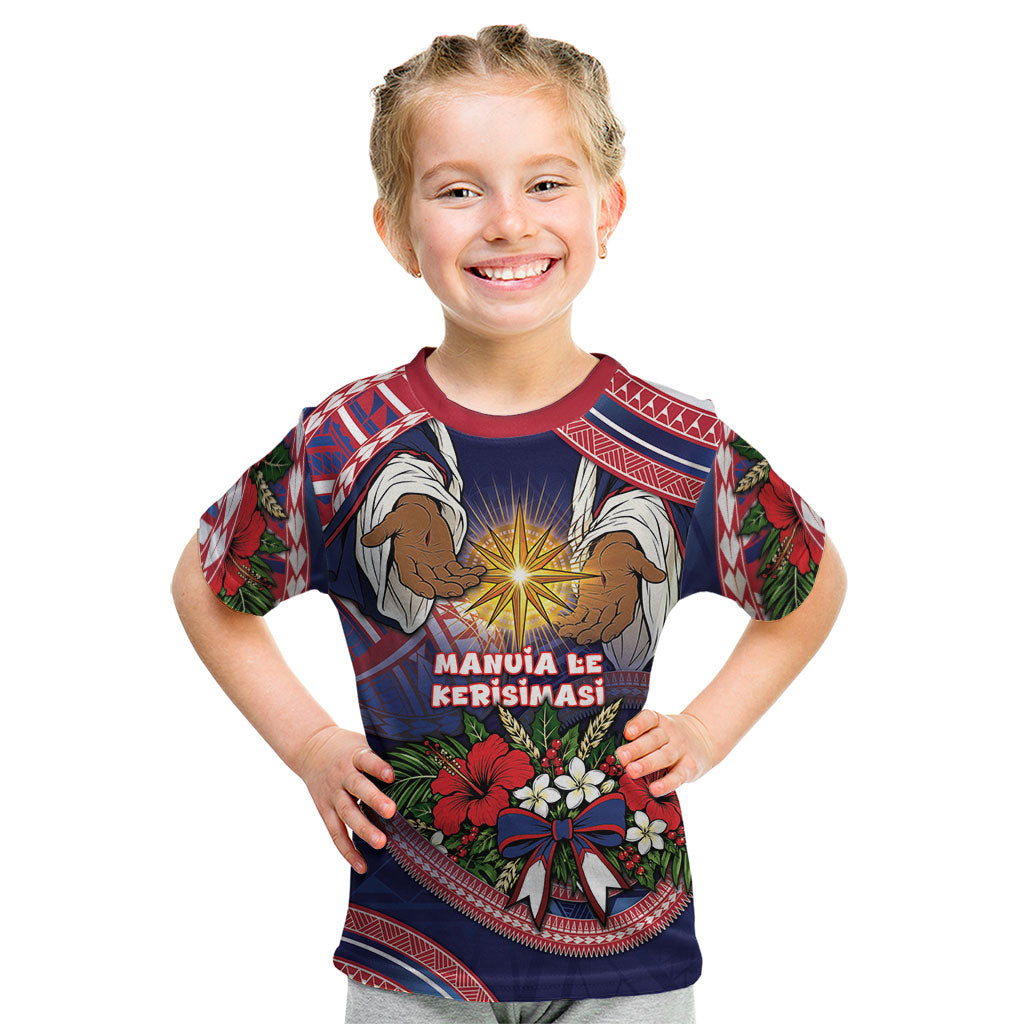 American Samoa Manuia Le Kerisimasi Kid T Shirt Jesus Hands Bethlehem Star Hibiscus DT05 Navy - Polynesian Pride