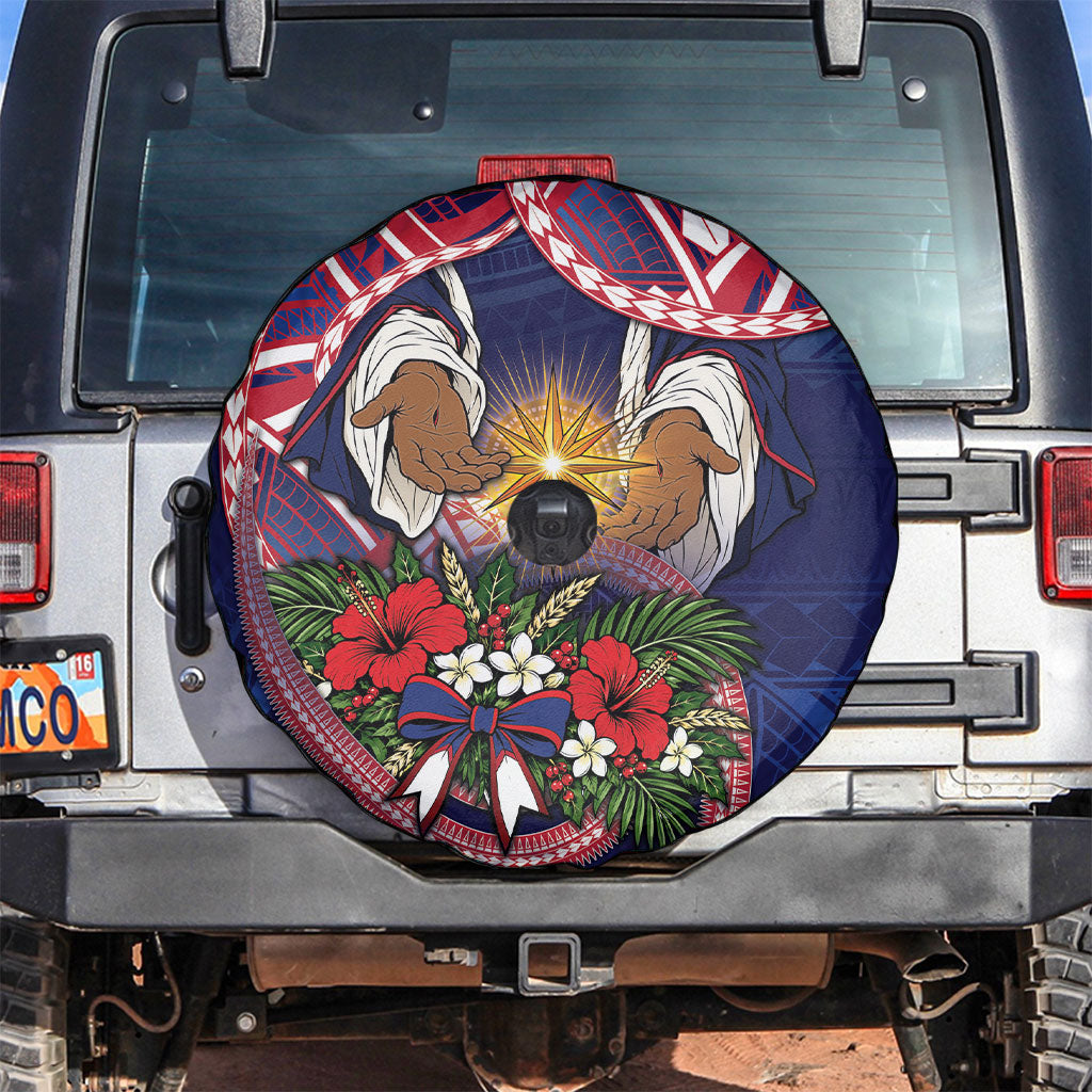 American Samoa Manuia Le Kerisimasi Spare Tire Cover Jesus Hands Bethlehem Star Hibiscus DT05 Navy - Polynesian Pride