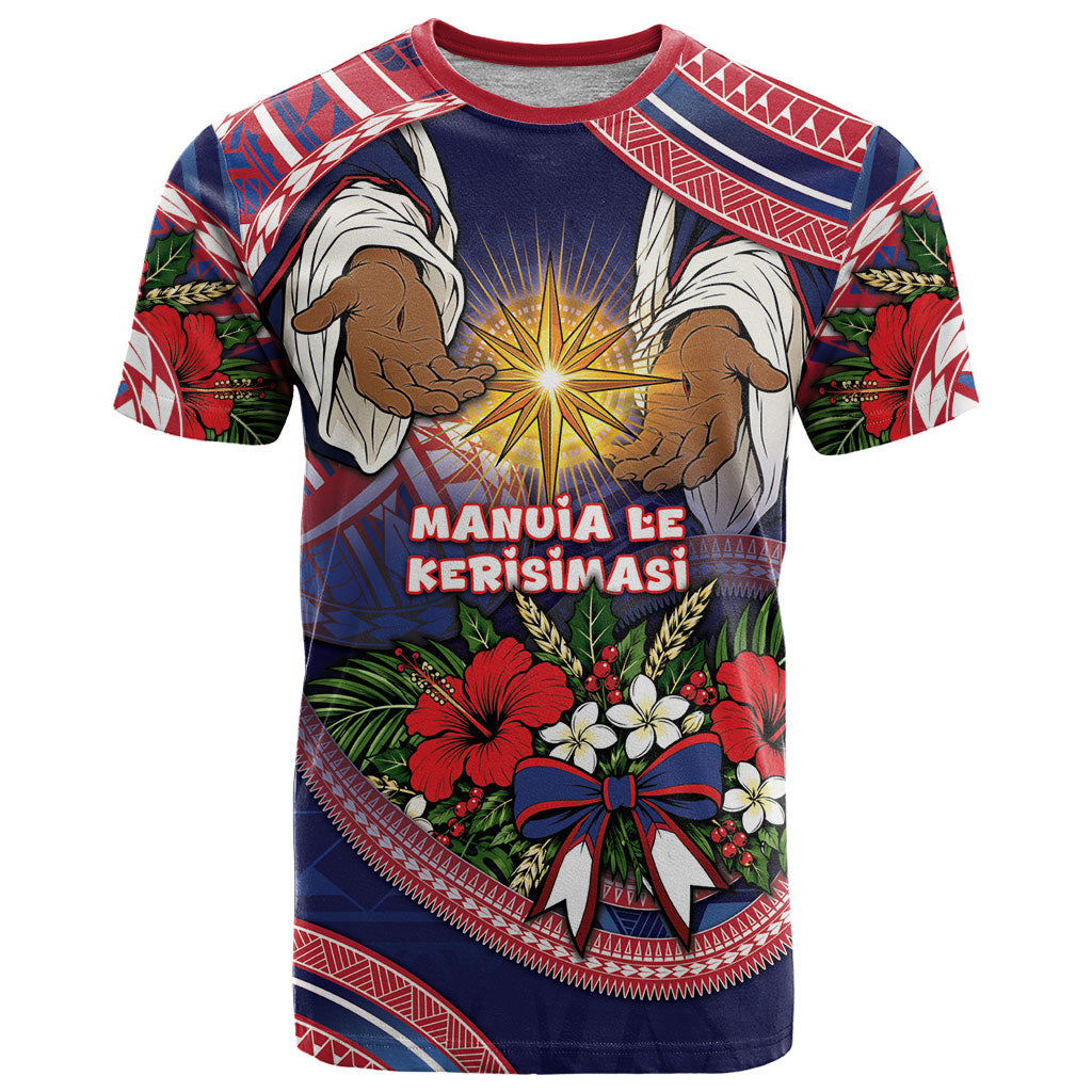 American Samoa Manuia Le Kerisimasi T Shirt Jesus Hands Bethlehem Star Hibiscus DT05 Navy - Polynesian Pride