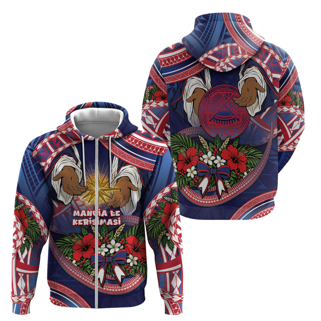 American Samoa Manuia Le Kerisimasi Zip Hoodie Jesus Hands Bethlehem Star Hibiscus DT05 - Polynesian Pride