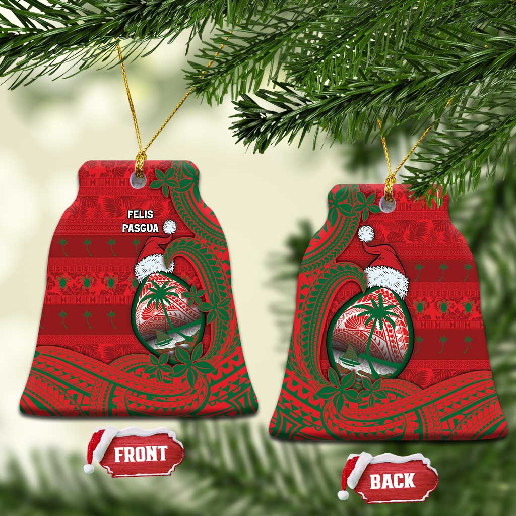 Guam Christmas Ceramic Ornament Chamorro Seal Hat Santa Tribal Waves DT05 Bell Flake Red - Polynesian Pride