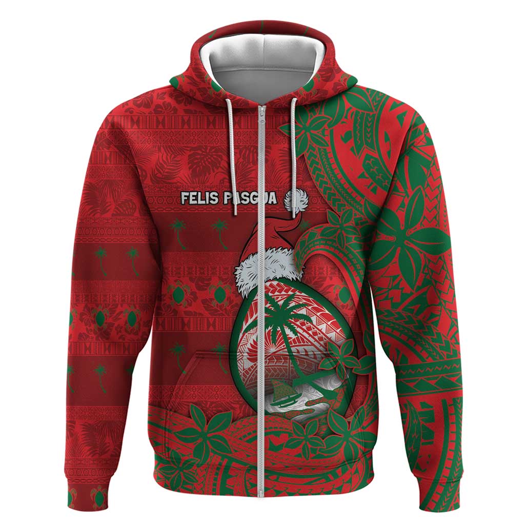 Guam Christmas Hoodie Chamorro Seal Hat Santa Tribal Waves DT05 Zip Hoodie Red - Polynesian Pride