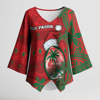 Guam Christmas Kimono Sleeve Blouse Chamorro Seal Hat Santa Tribal Waves DT05 Female Red - Polynesian Pride