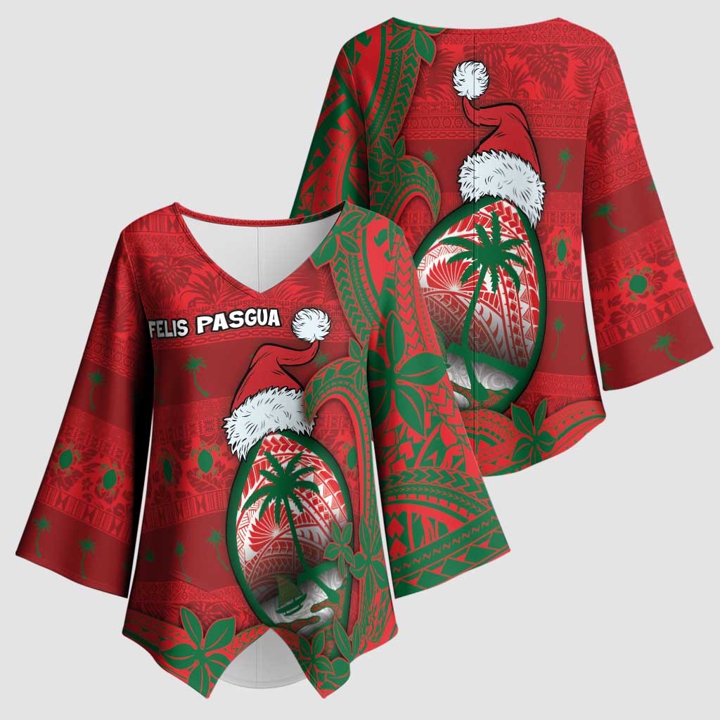 Guam Christmas Kimono Sleeve Blouse Chamorro Seal Hat Santa Tribal Waves DT05 - Polynesian Pride