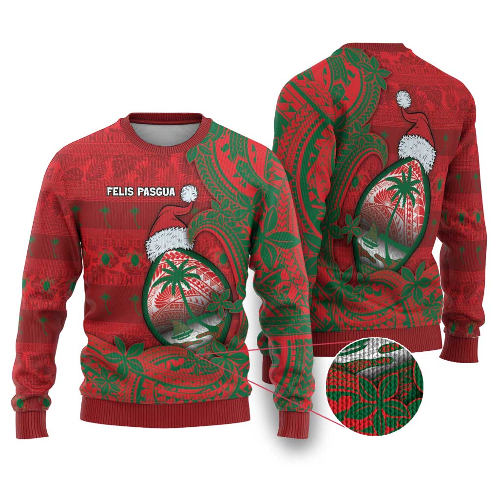 Guam Christmas Ugly Christmas Sweater Chamorro Seal Hat Santa Tribal Waves DT05 Red - Polynesian Pride
