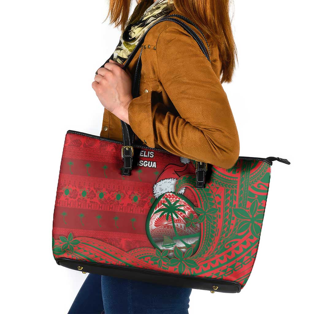 Guam Christmas Leather Tote Bag Chamorro Seal Hat Santa Tribal Waves DT05 Red - Polynesian Pride