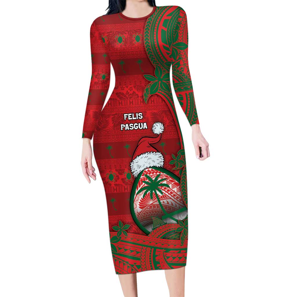 Guam Christmas Long Sleeve Bodycon Dress Chamorro Seal Hat Santa Tribal Waves DT05 Long Dress Red - Polynesian Pride