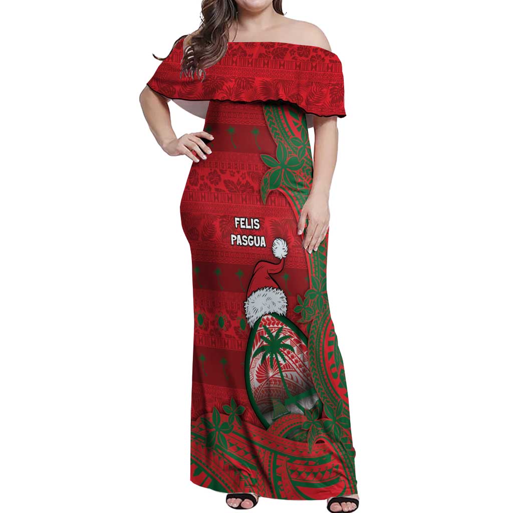Guam Christmas Off Shoulder Maxi Dress Chamorro Seal Hat Santa Tribal Waves DT05 Women Red - Polynesian Pride