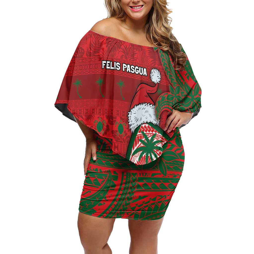 Guam Christmas Off Shoulder Short Dress Chamorro Seal Hat Santa Tribal Waves DT05 Women Red - Polynesian Pride