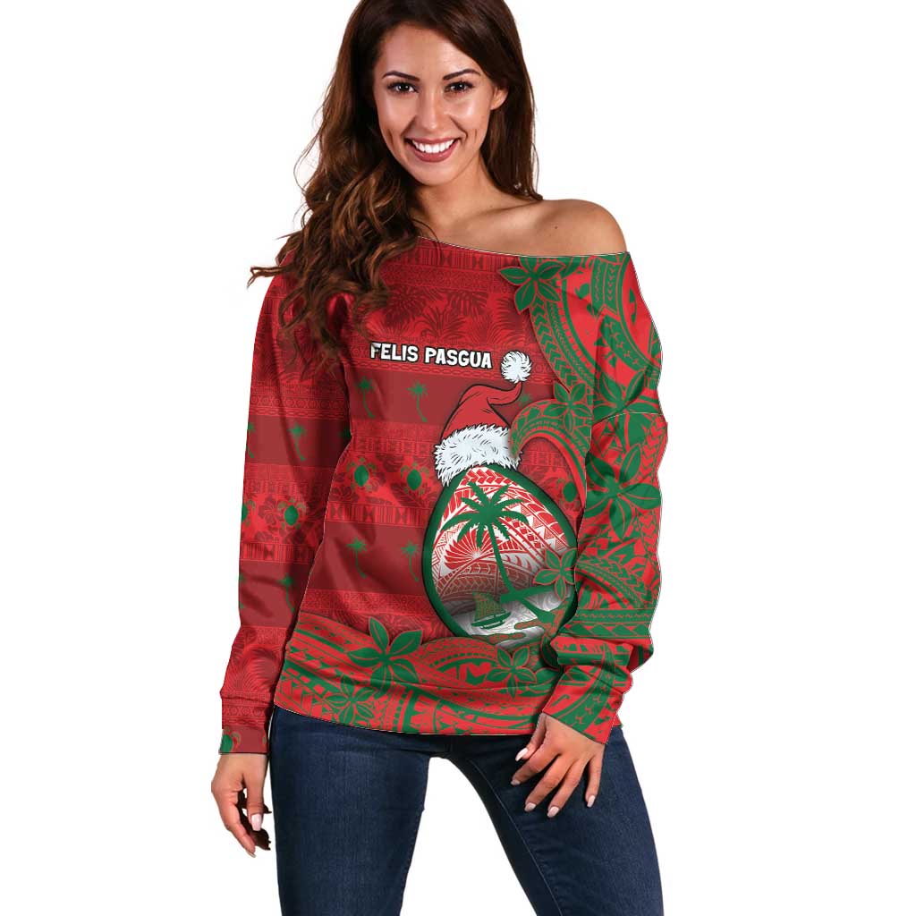 Guam Christmas Off Shoulder Sweater Chamorro Seal Hat Santa Tribal Waves DT05 Women Red - Polynesian Pride