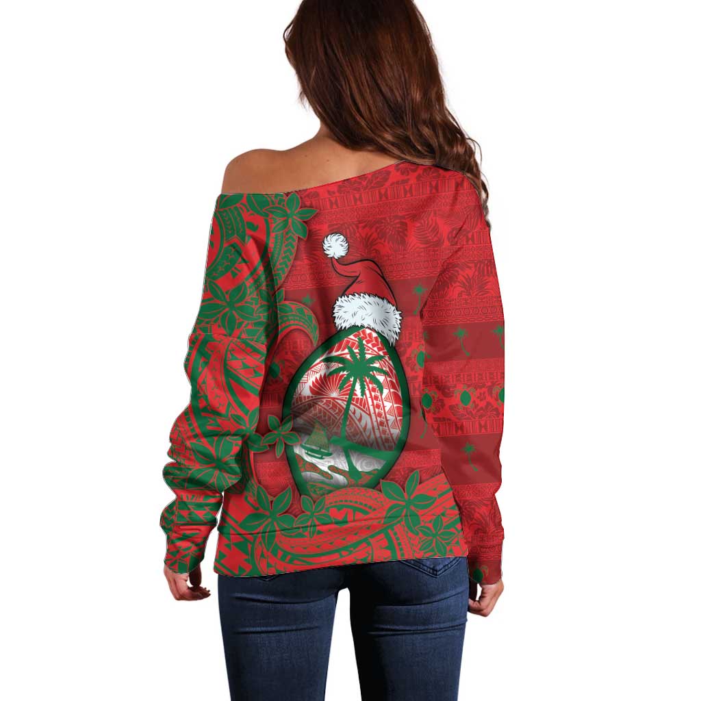 Guam Christmas Off Shoulder Sweater Chamorro Seal Hat Santa Tribal Waves DT05 - Polynesian Pride