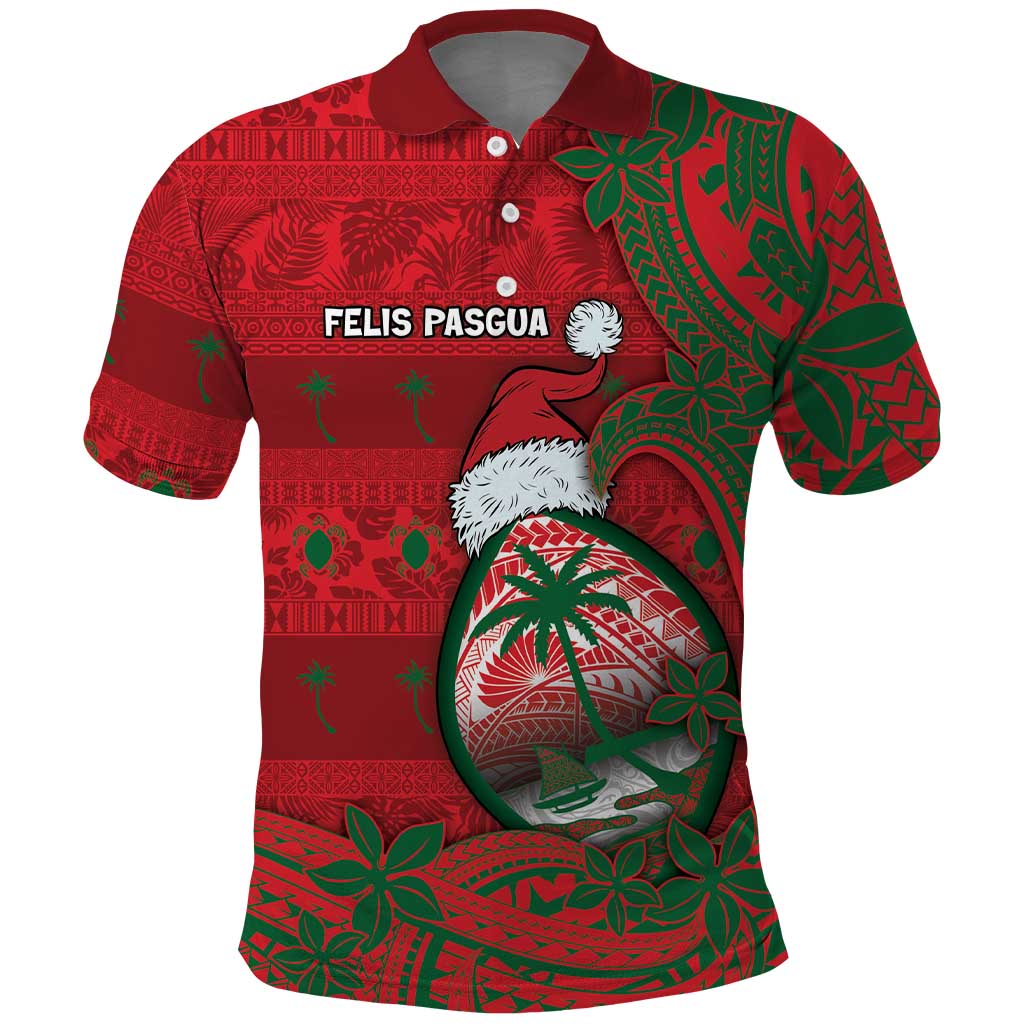 Guam Christmas Polo Shirt Chamorro Seal Hat Santa Tribal Waves DT05 Red - Polynesian Pride