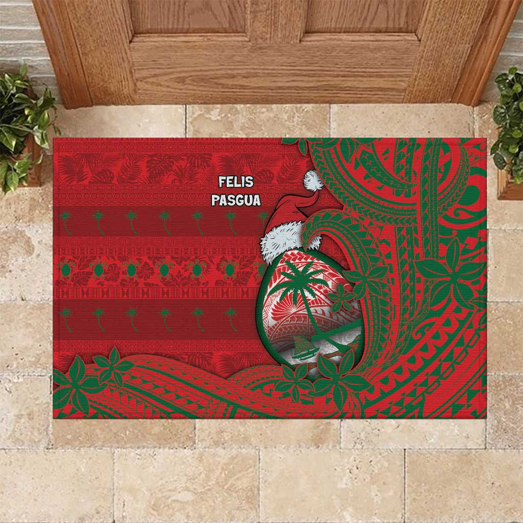 Guam Christmas Rubber Doormat Chamorro Seal Hat Santa Tribal Waves DT05 Red - Polynesian Pride