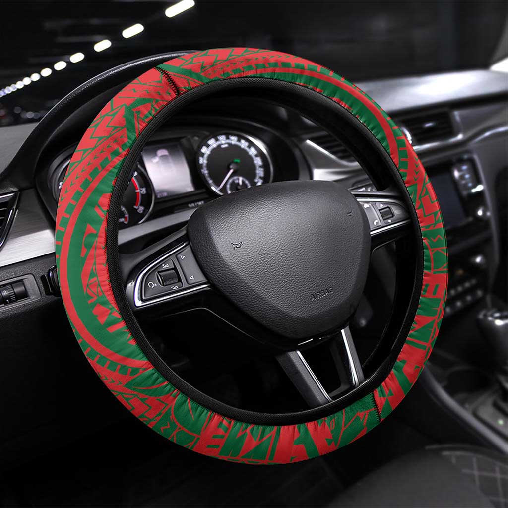 Guam Christmas Steering Wheel Cover Chamorro Seal Hat Santa Tribal Waves DT05 Universal Fit Red - Polynesian Pride