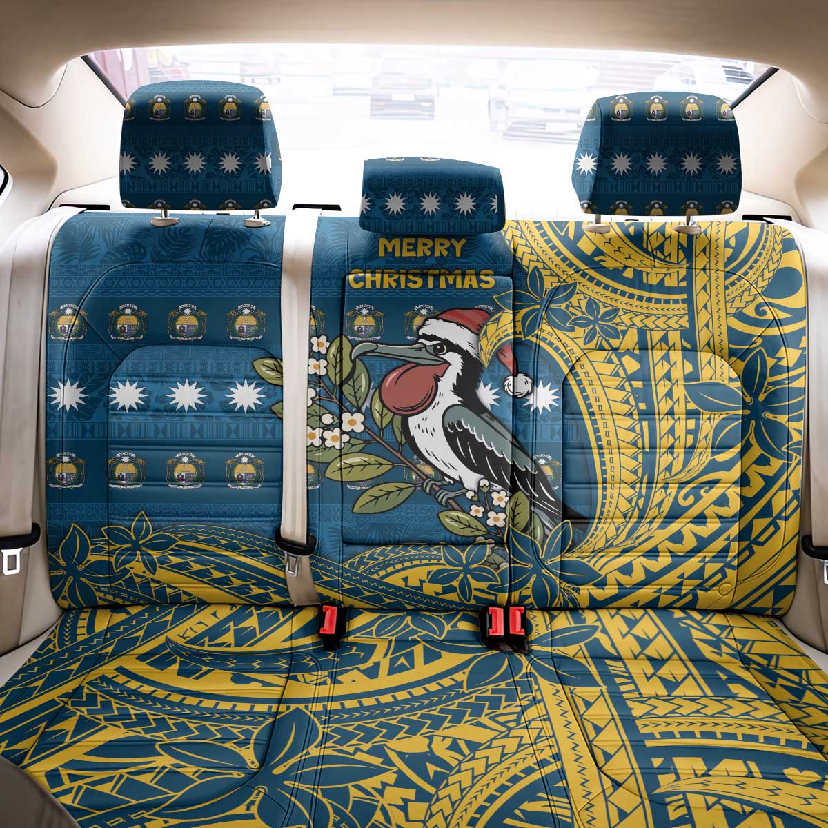 Nauru Christmas Back Car Seat Cover Frigatebird Bird Santa Tribal Waves DT05 - Polynesian Pride