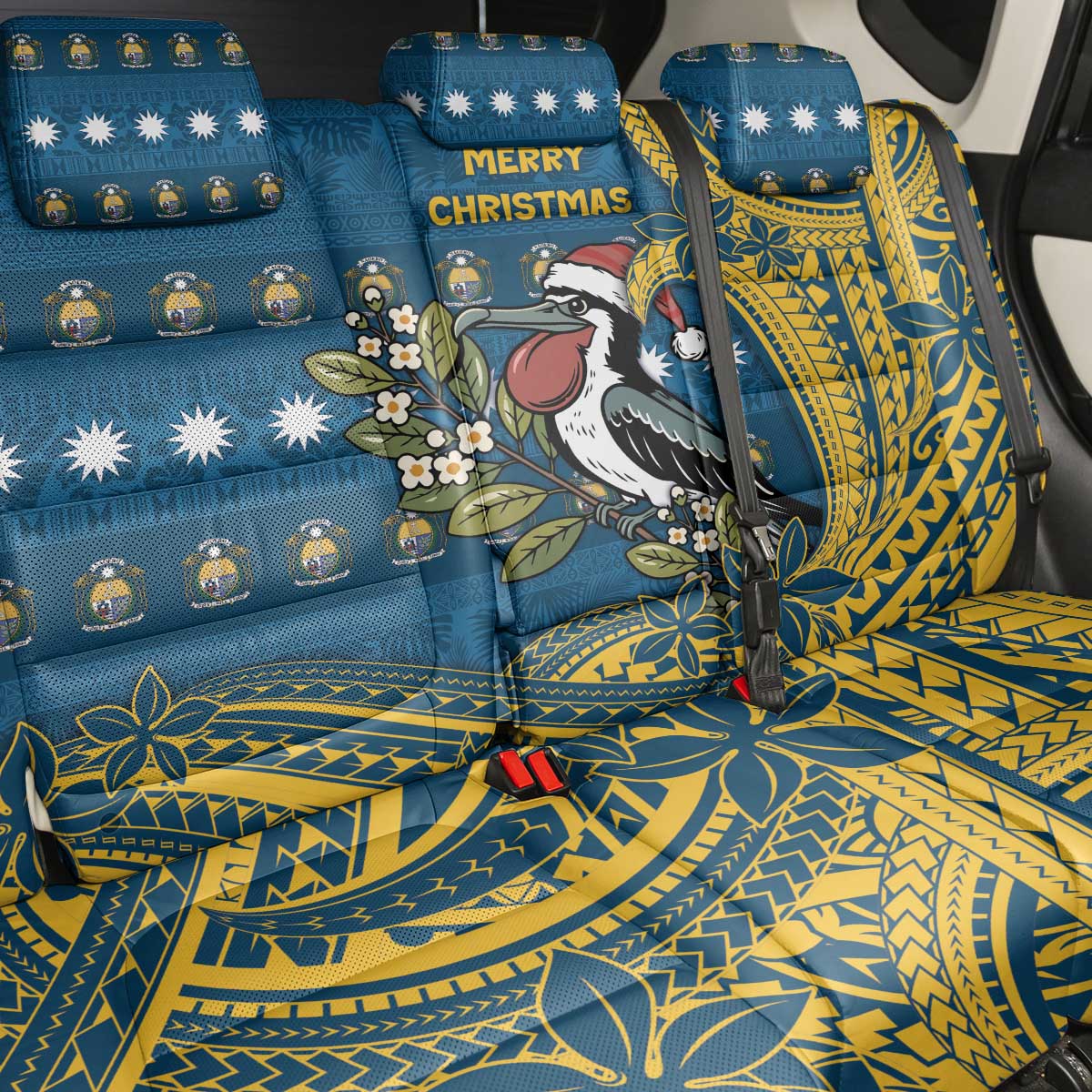 Nauru Christmas Back Car Seat Cover Frigatebird Bird Santa Tribal Waves DT05 - Polynesian Pride