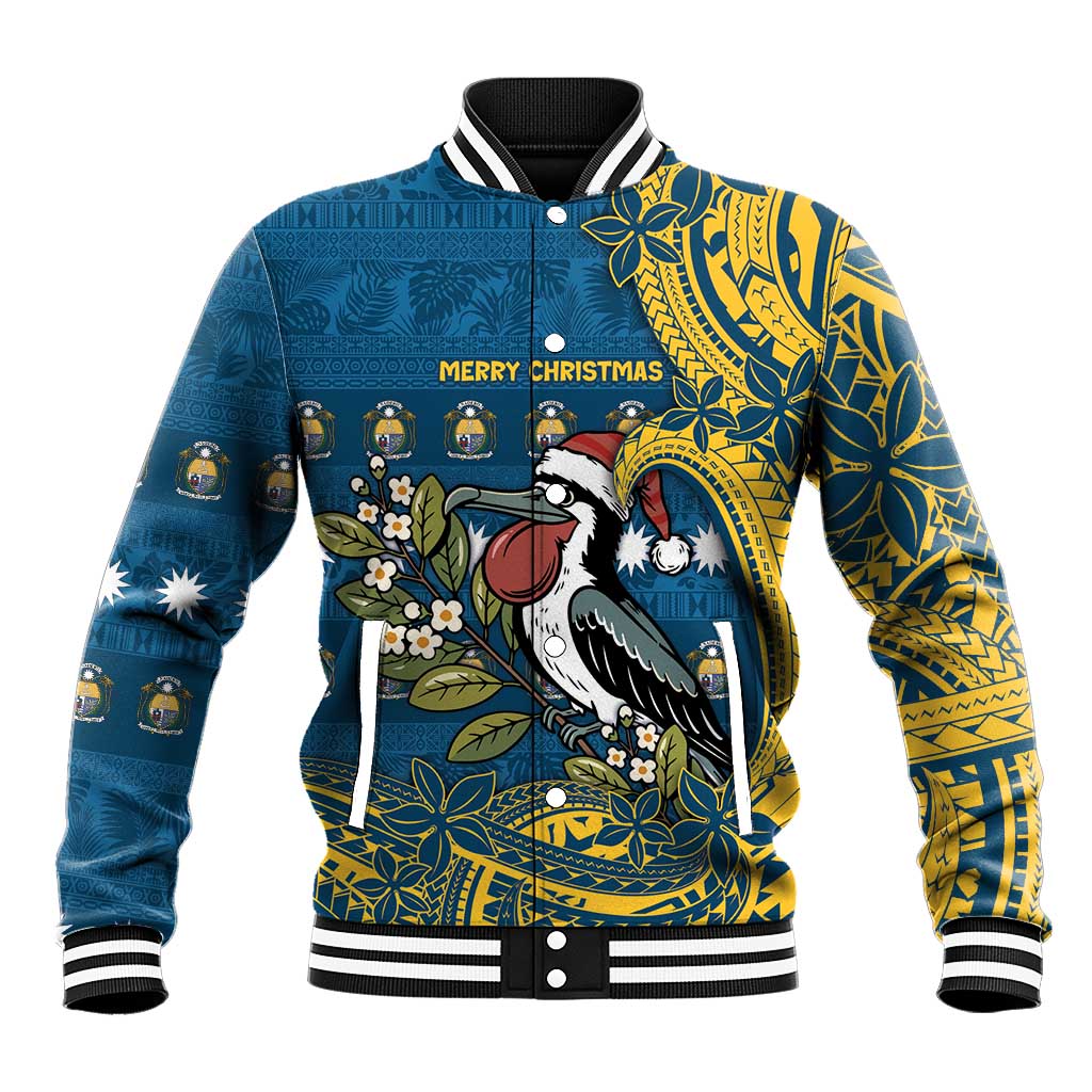 Nauru Christmas Baseball Jacket Frigatebird Bird Santa Tribal Waves DT05 Unisex Deep Blue - Polynesian Pride