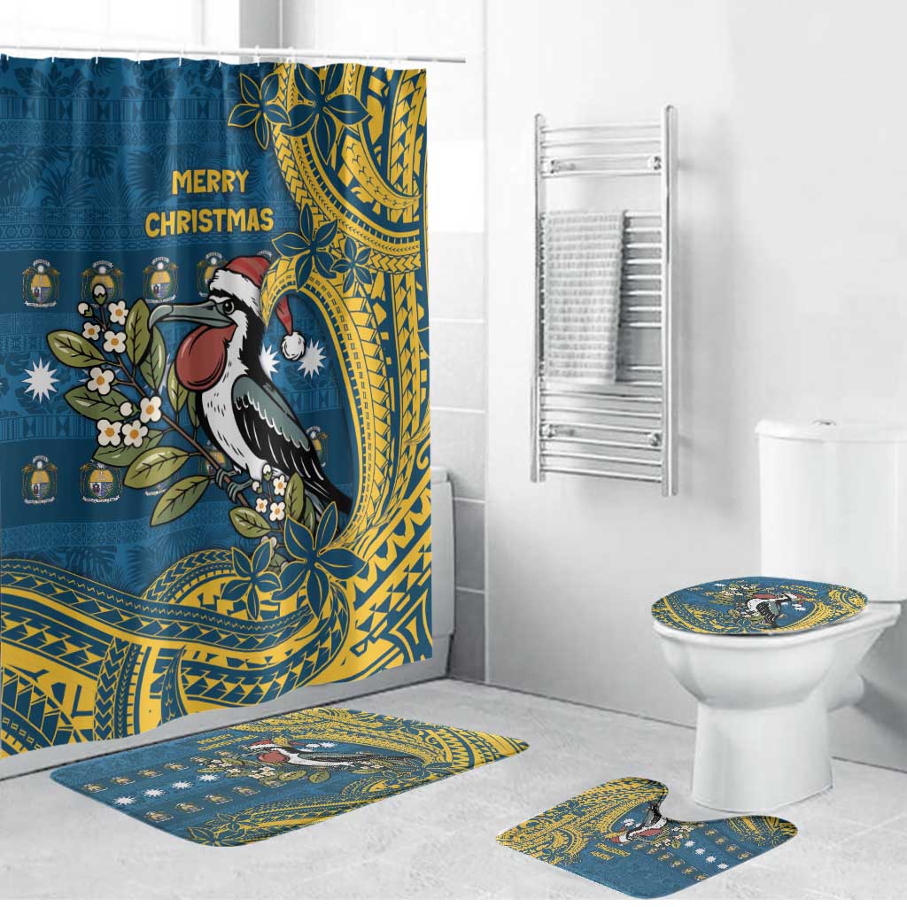 Nauru Christmas Bathroom Set Frigatebird Bird Santa Tribal Waves DT05 Bathroom Set (4 pcs) Deep Blue - Polynesian Pride