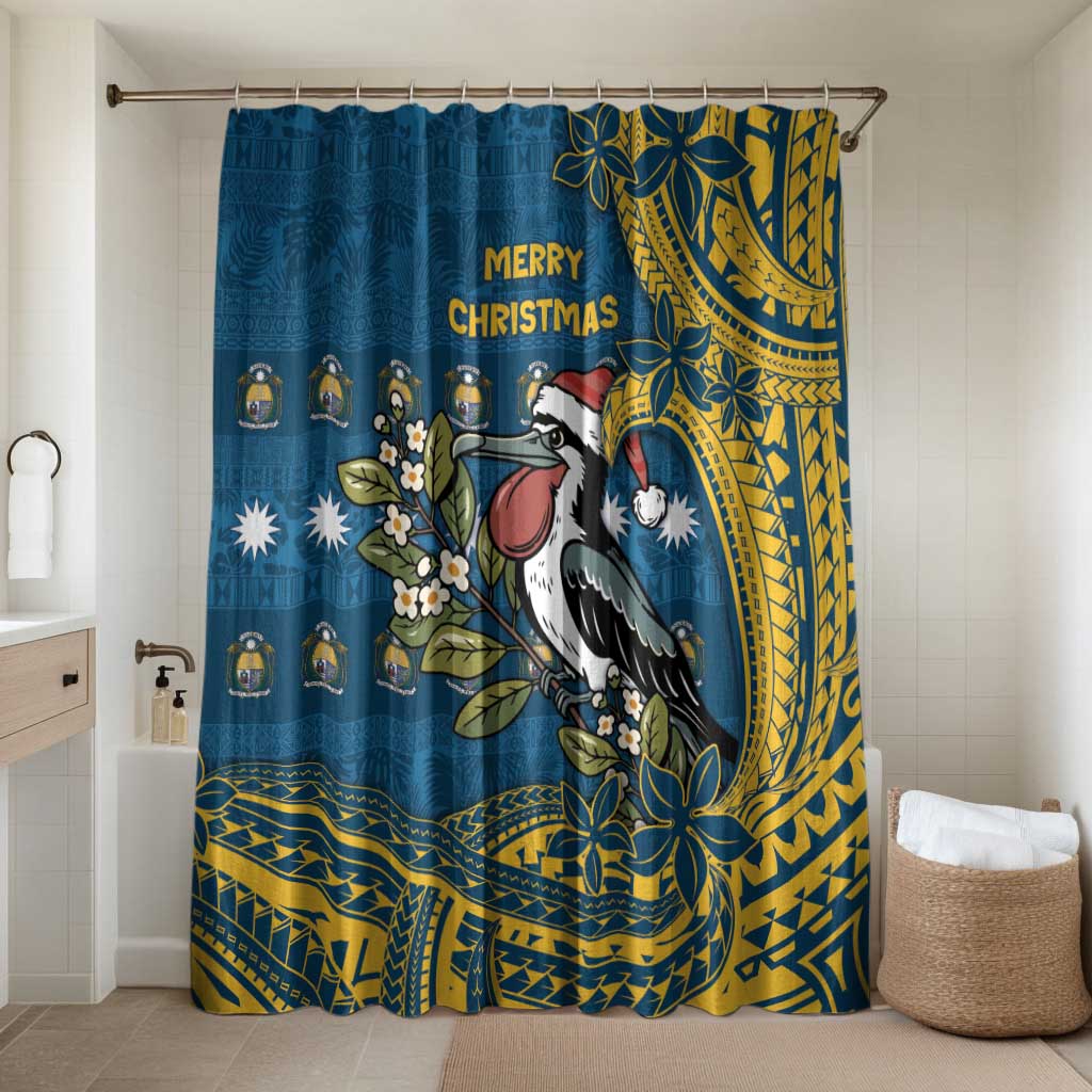Nauru Christmas Bathroom Set Frigatebird Bird Santa Tribal Waves DT05 Shower Curtain Only Deep Blue - Polynesian Pride