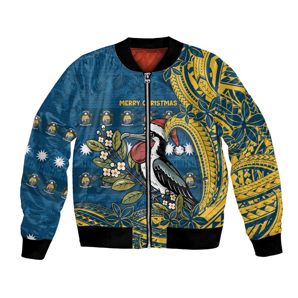 Nauru Christmas Bomber Jacket Frigatebird Bird Santa Tribal Waves DT05 Unisex Deep Blue - Polynesian Pride