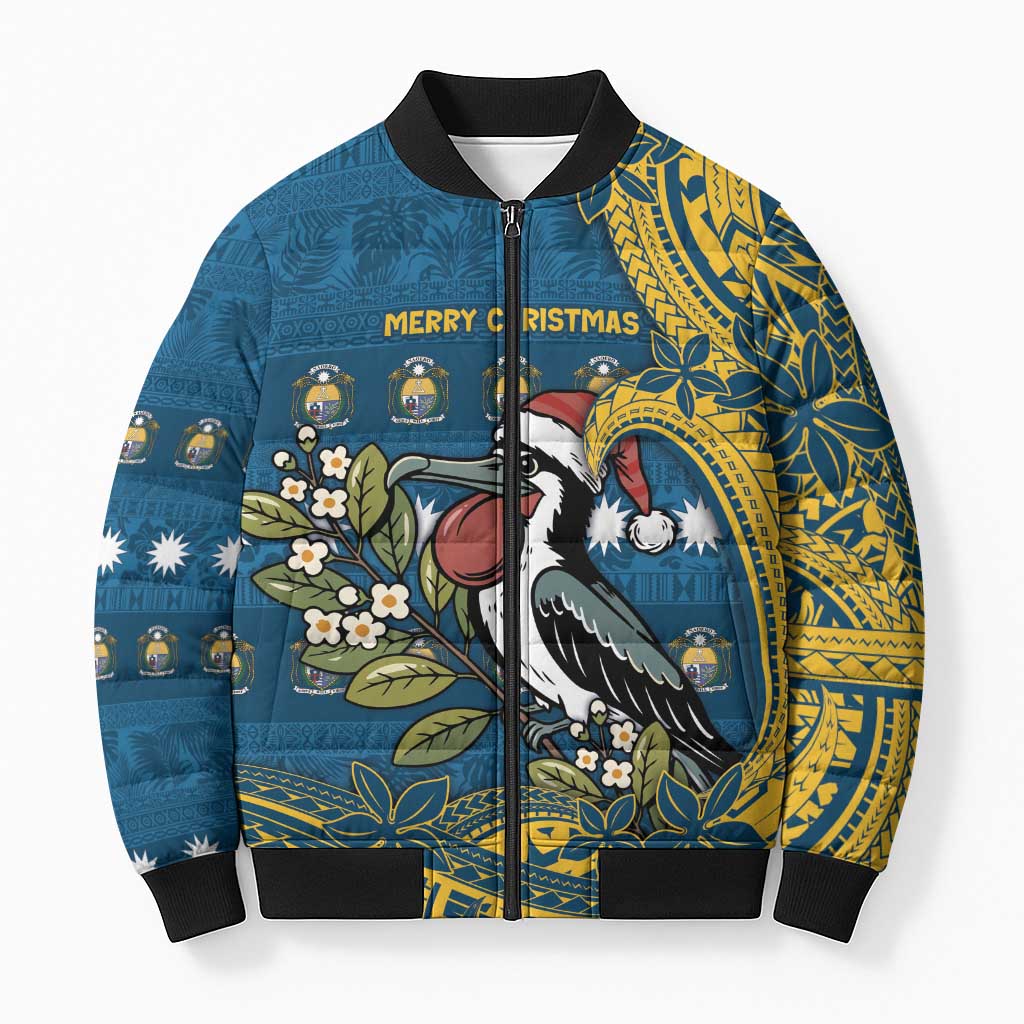 Nauru Christmas Bomber Puffer Jacket Frigatebird Bird Santa Tribal Waves DT05 Unisex Deep Blue - Polynesian Pride