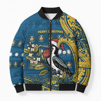 Nauru Christmas Bomber Puffer Jacket Frigatebird Bird Santa Tribal Waves DT05 Unisex Deep Blue - Polynesian Pride