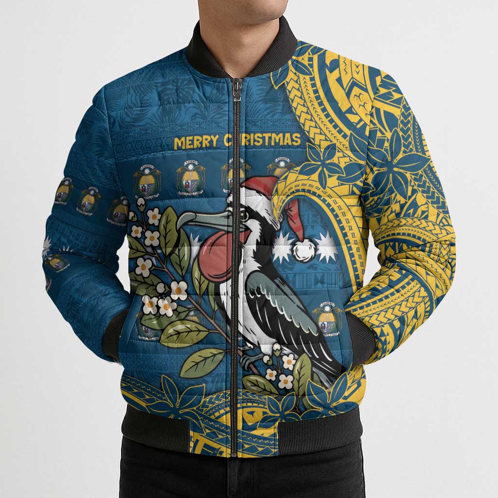 Nauru Christmas Bomber Puffer Jacket Frigatebird Bird Santa Tribal Waves DT05 - Polynesian Pride
