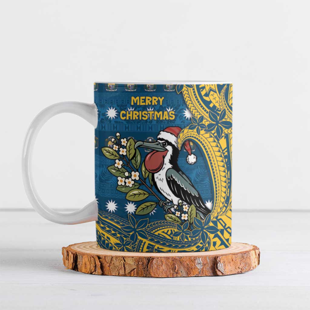 Nauru Christmas Ceramic Mug Frigatebird Bird Santa Tribal Waves DT05 Deep Blue - Polynesian Pride