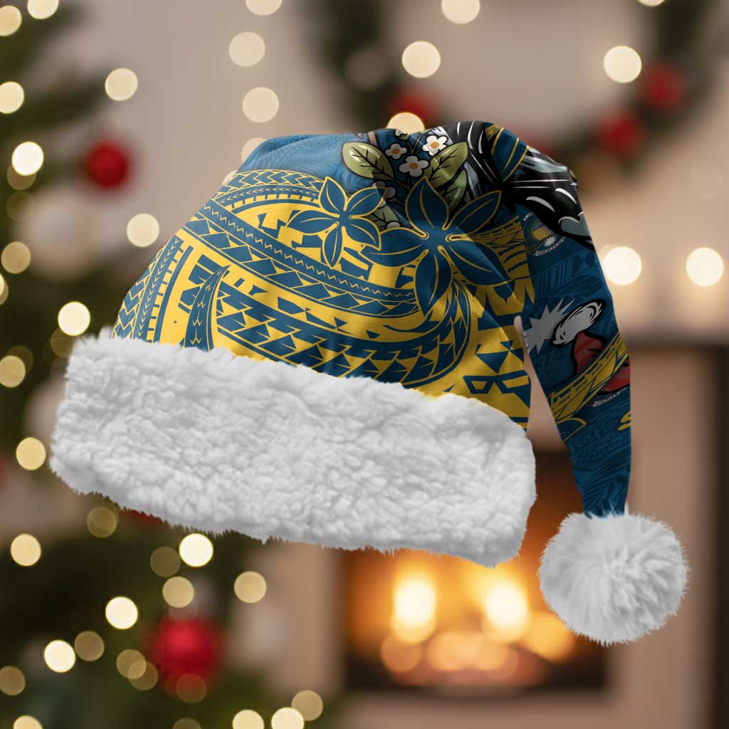 Nauru Christmas Santa Hat Frigatebird Bird Santa Tribal Waves DT05 With Fur Deep Blue - Polynesian Pride